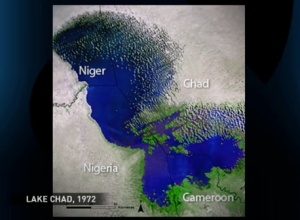 Lake Chad in 1972 within NIger, Nigeria, Chad and Cameroon
